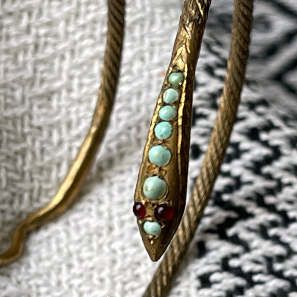 Vintage Coiled Gilt Egyptian Revival Silver Snake Bangle Turquoise Garnet Eyes - Picture 8 of 17